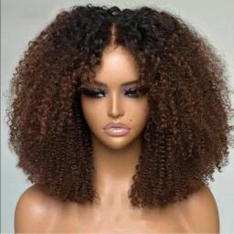 Soft Short Cut Bob Ombre Brown Kinky Curly 180Density Synthetic Deep Lace Front Wig For Black Women Babyhair Preplucked Daily