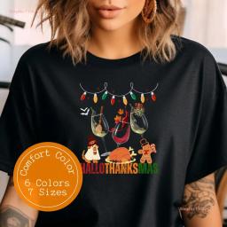 Hallothanksmas Wine T Shirt Halloween Family Christmas Thanksgiving Party Funny Cute Fall Autumn long or short sleeves