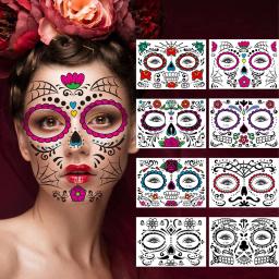 1set Funny Face Tattoo Stickers Sugar Skull Red Roses Full Face Mask Stickers Tattoo for Halloween Families Makeup Party Supplie