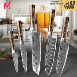 Kitchen Knife Set Chef Knives Japanese 7CR17 440C High Carbon Stainless Steel Imitation Damascus Sanding Laser Knife