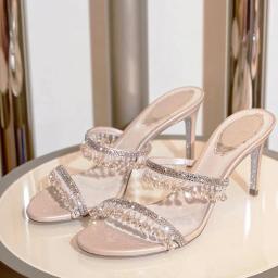 New Summer Crystal Pendant Slippers Women Stiletto Open Toe High Heels Sandalias Female Party Wedding Shoes Women Zapatos Mujer