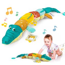 Infant Baby Musical Stuffed Animal Crocodile Activity Soft Toys Multi-Sensory Crinkle Rattle and Textures Cute Tummy Time Toys