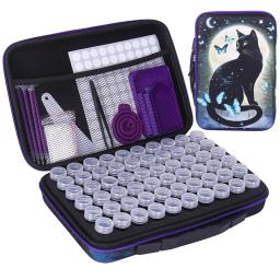 60/80 Slots Diamond Painting Black Cat Storage Bag Containers, Diamond Art Accessories and Tools Kit Box with Shockproof Jars