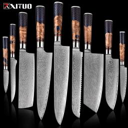 XITUO 67 Layer Damascus Steel Kitchen Knives Set Sharp Durable Kitchen Multifunctional Cutting Knife Blue Resin Honeycomb Handle