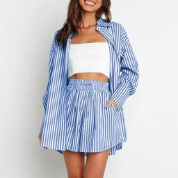 Striped Shirts Office Lady Long Sleeves Turn Down Collar Button Tops with Shorts Summer Women Clothing Casual Two Pieces Sets