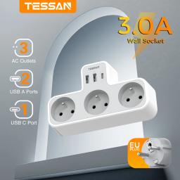 TESSAN FR Plug Multi Socket Power Adapter with 2 USB Ports +3 AC Outlets +1 Type C 6 in 1 Wall Socket Extender Adapter for Home