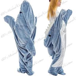 Cos Adult Shark Sleeping Bag Pajamas Office Nap Blanket Soft Cozy Warm Flannel Hoodie Onesie Shark Cosplay Costume For Women Men