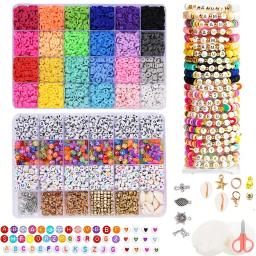 Clay Beads Bracelet Making Kit for Beginner 7000Pcs Flat Preppy Polymer Clay Beads with Charms Kit for Jewelry Making