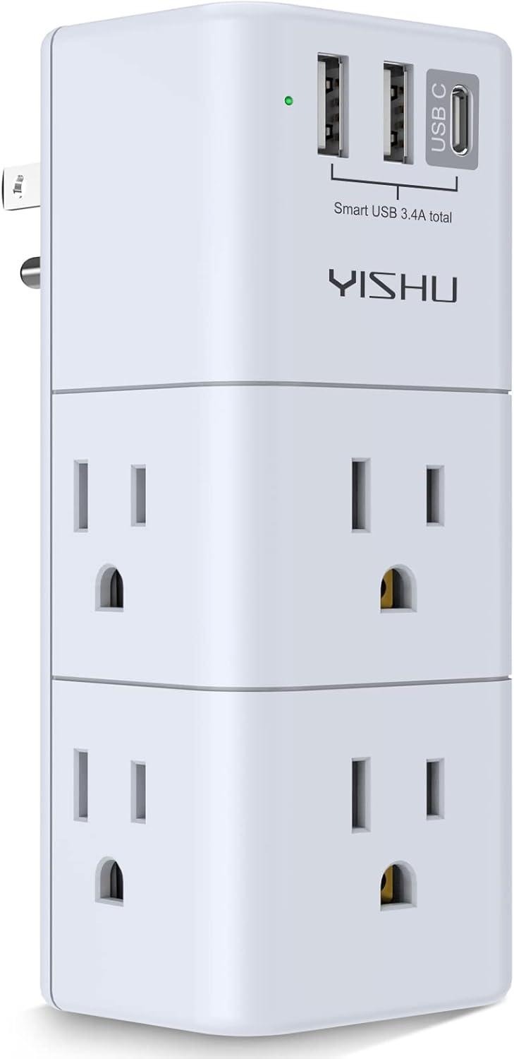 USB Multi Plug Outlet Extender - YISHU Surge Protector with Rotating Plug, 6 AC Plug Extender with 3 USB Ports, 3-Sided Swivel Power Strip Best Ideal Stocking Stuffers for Adults