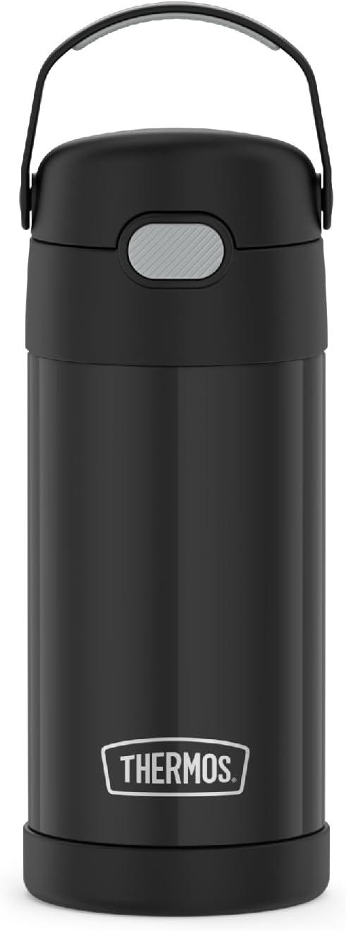 THERMOS FUNTAINER Water Bottle with Straw - 12 Ounce, Black - Kids Stainless Steel Vacuum Insulated Water Bottle with Lid