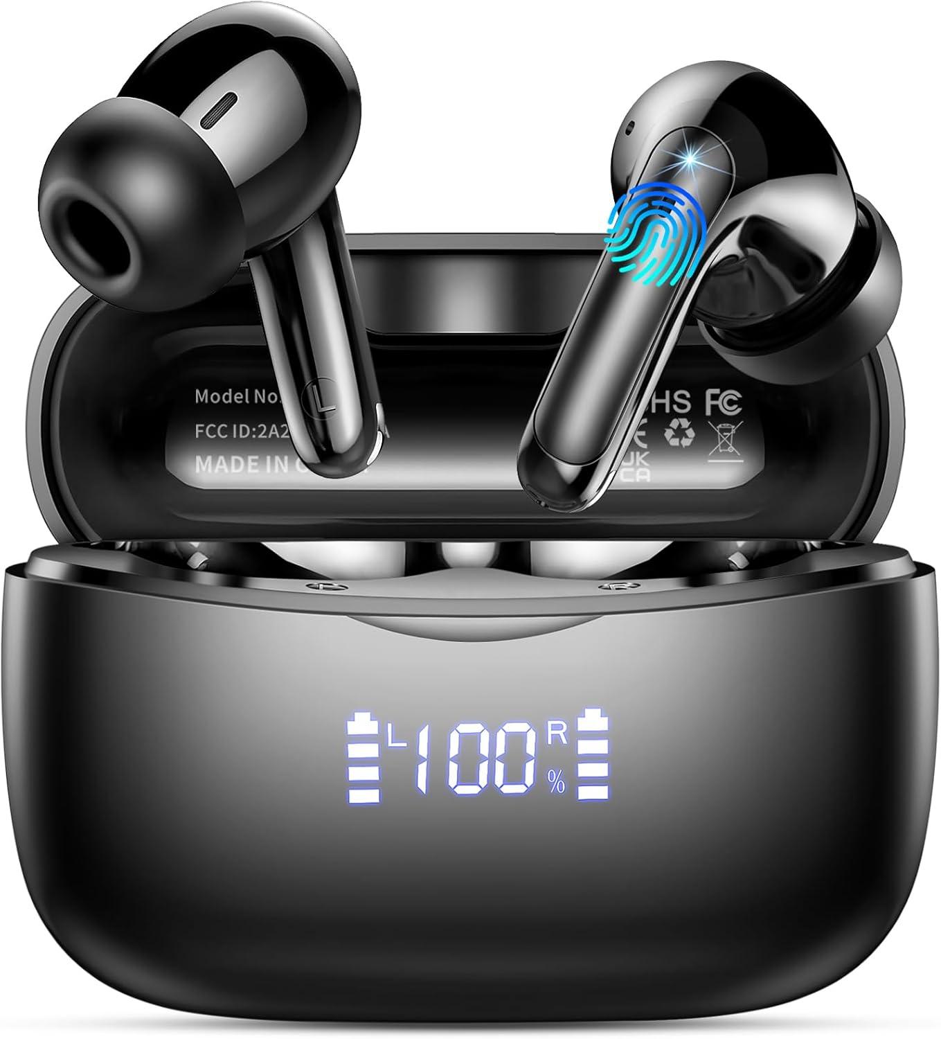 Wireless Earbuds, Bluetooth 5.3 Headphones Stereo Deep Bass with LED Display, 56H Playtime with Noise Cancelling Mic, IPX7 Waterproof in Ear Earbuds, for laptops/tablets/mobile phones/sports, Black