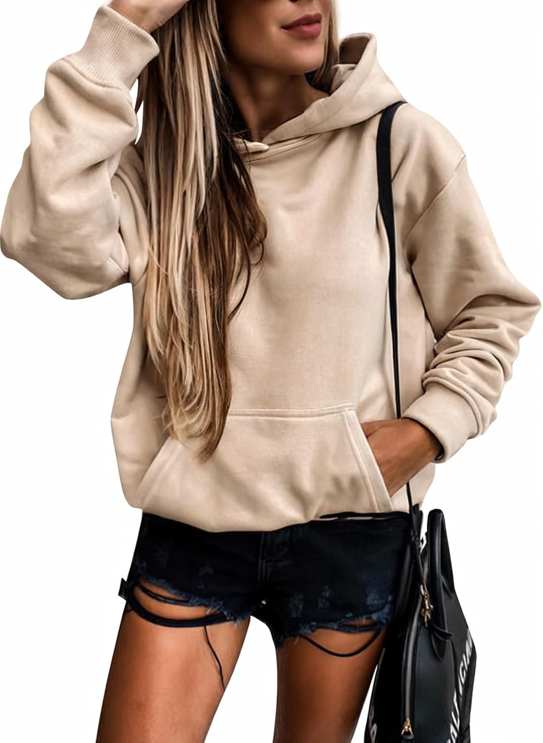 SHEWIN Women's Casual Hoodies Long Sleeve Solid Lightweight Pullover Tops Loose Sweatshirt with Pocket