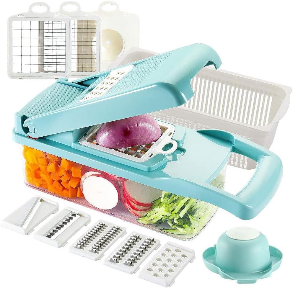 Multi-Function Vegetable Chopper Onion Micer Chopper 12 in 1 Pro Veggie Slicer Dicer Cutter with Container for Potatoes, Tomatoes, Zucchini, Garlic, Eggs, Cucumbers - Blue