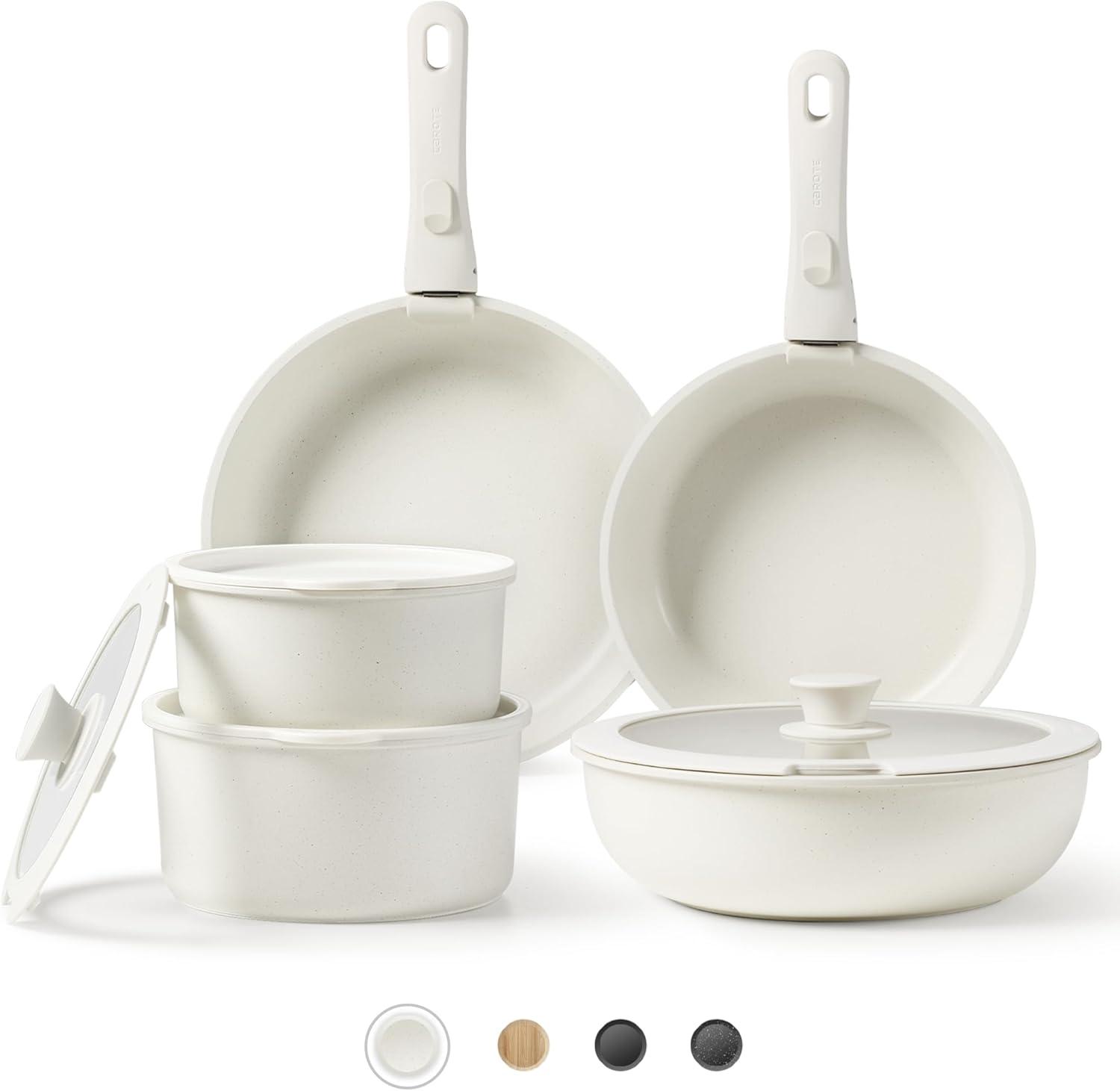 CAROTE Pots and Pans Set Non Stick, Cookware Sets Nonstick, 11pcs Kitchen Set, Oven Safe, Induction Ready, Stackable Non-stick Set with Removable Handle, RV Set with Detachable Handle, Cream White