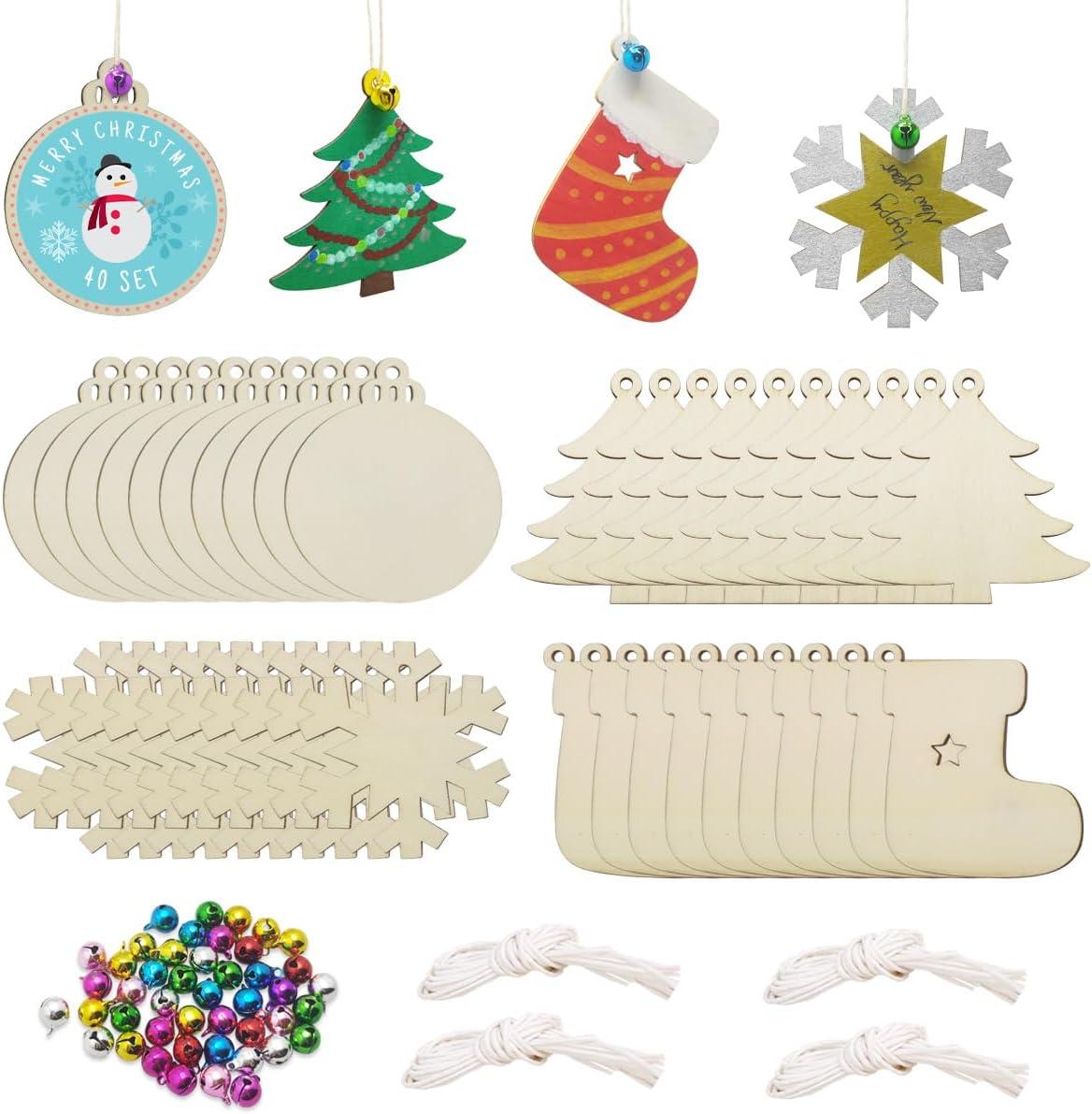 Hidreas 40PCS Christmas Crafts Unfinished Wooden Christmas Ornaments Kit, DIY Ornaments Crafts with 40PCS Colorful Bells and 40PCS Wax Rope for Holiday Decoration and DIY Craft Making