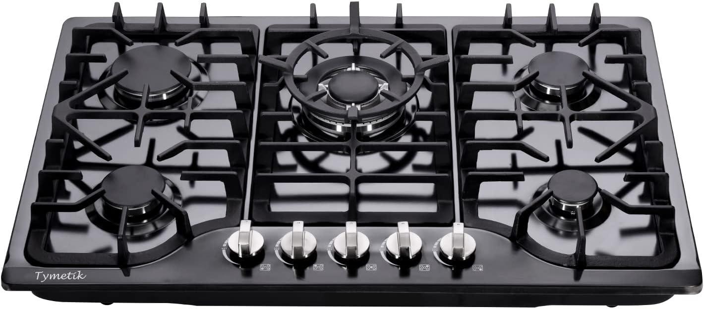 30 Inch Gas Cooktop, Built-in Stainless Steel Gas Stovetop 5 High Efficiency Burners Gas Stove LPG/NG Convertible Gas Hob (Black)