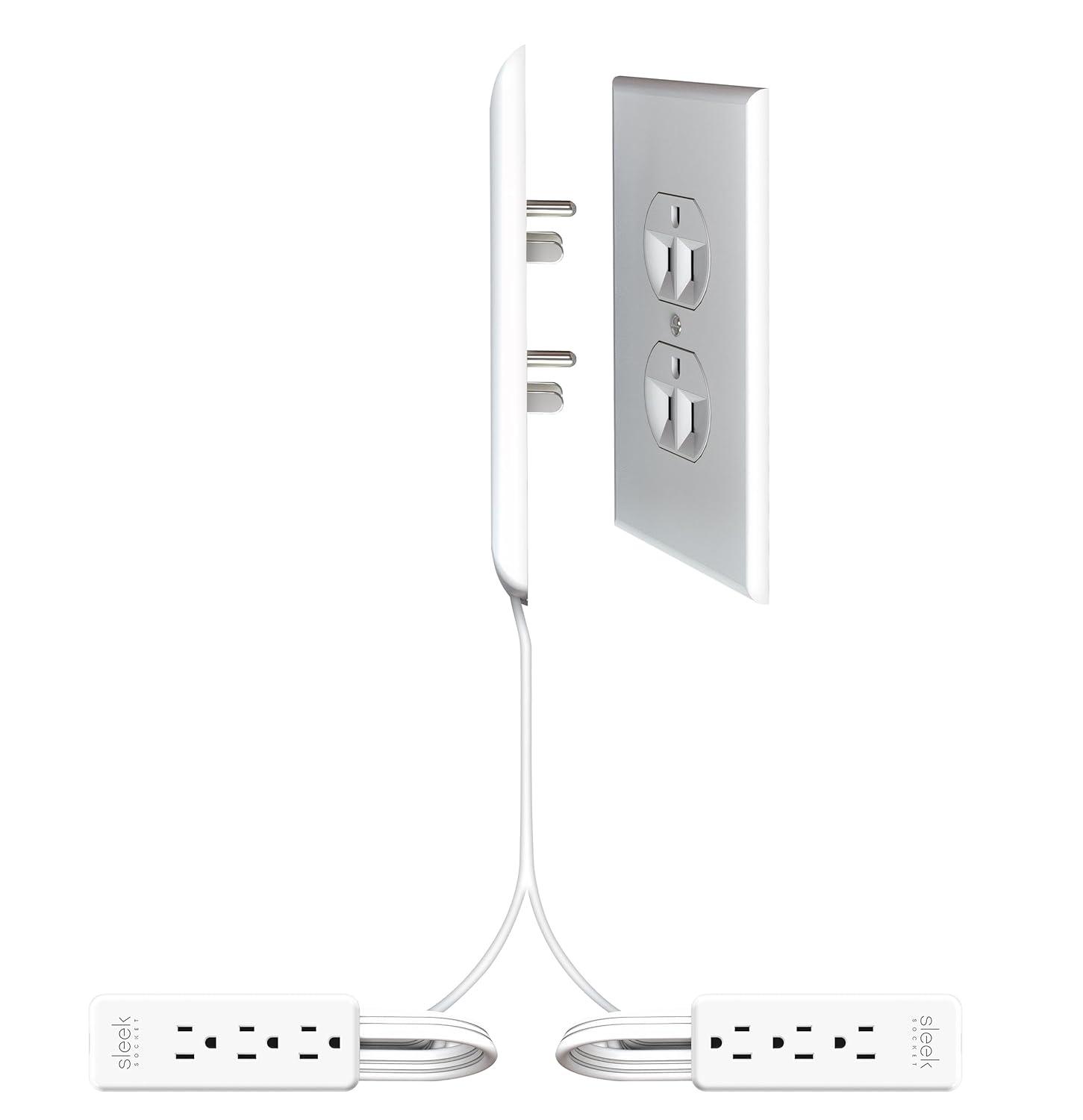 Sleek Socket Original & Patented Ultra-Thin Outlet Concealer for Inverted Outlet with Cord Concealer Kit, Dual 3-Foot Flat Extension Cord with Multiple Outlet, Ideal on Countertop, Outlet Covers