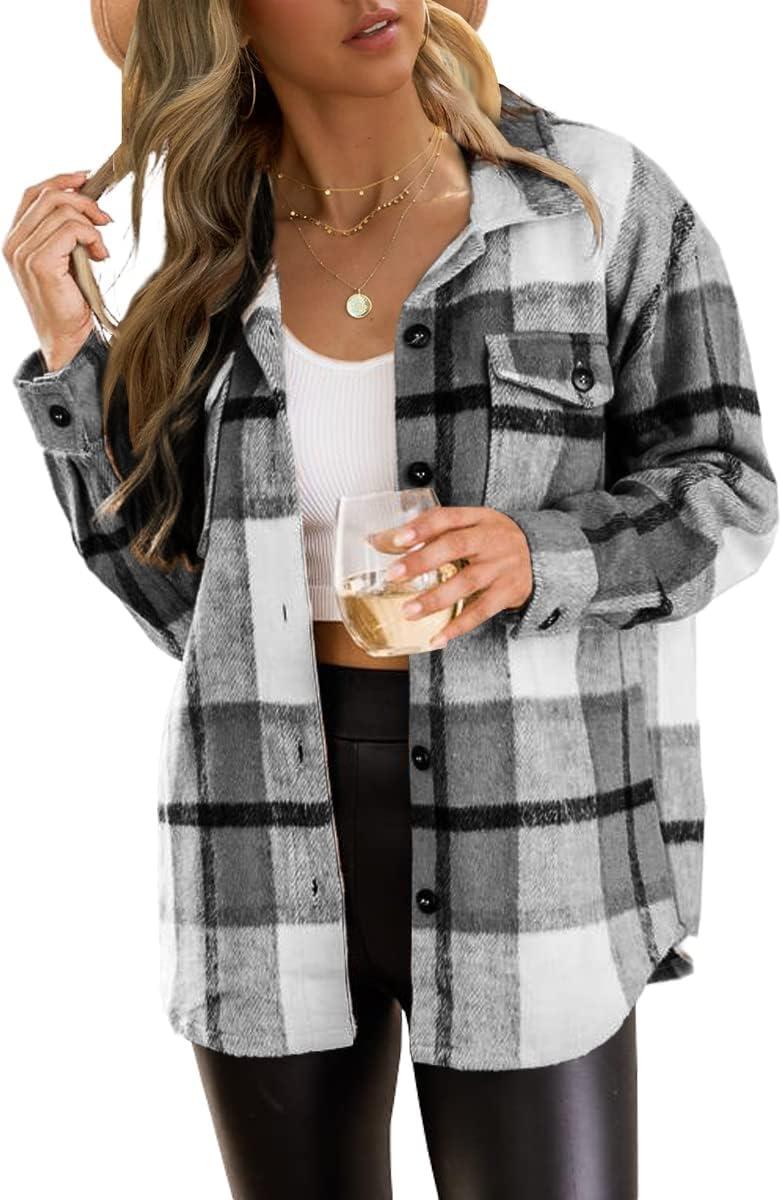 Trendy Queen Womens Flannel Shacket Casual Jacket Plaid Button Down Long Sleeve Shirt Fall Winter Outfits