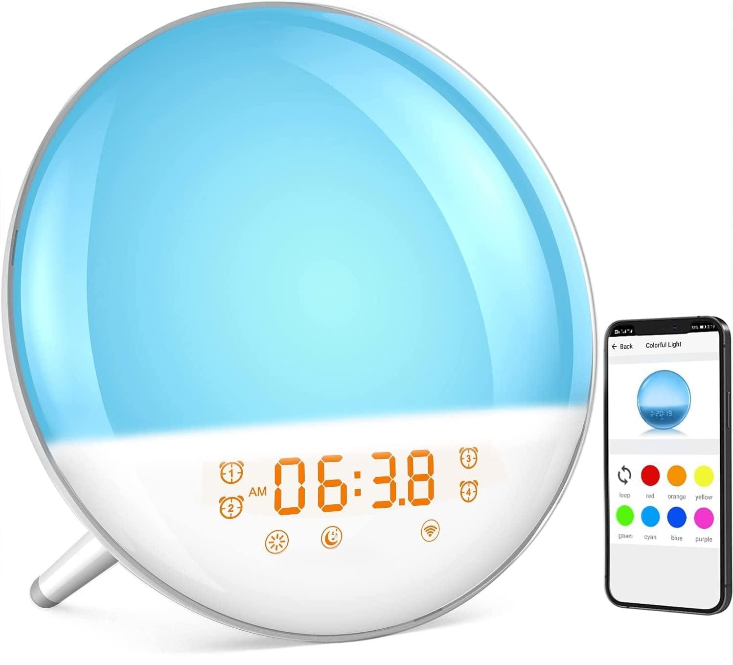 Smart Sunrise Alarm Clock, Wake Up Light Alarm Clocks for Bedrooms, Teens Heavy Sleepers Kids,Sleep Aid with FM Radio, Sunrise/Sunset Simulation, 4 Alarm Clock, 7 Alarm Sounds, APP Remote Control