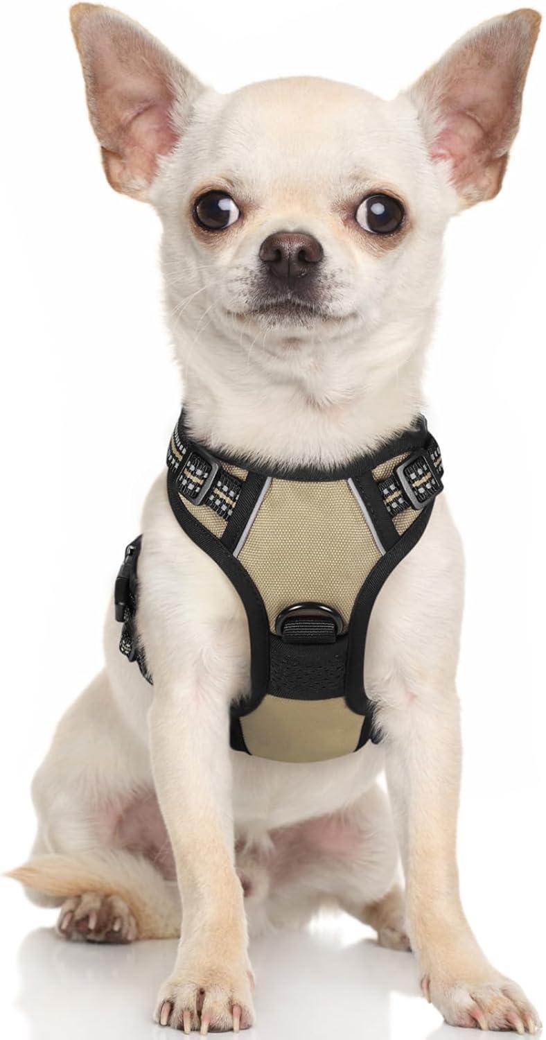 rabbitgoo Dog Harness, No-Pull Pet Harness with 2 Leash Clips, Adjustable Soft Padded Dog Vest, Reflective No-Choke Pet Oxford Vest with Easy Control Handle for Small Dogs, Beige, XS