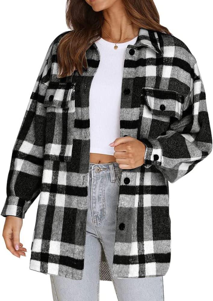 Beaully Women's Flannel Plaid Shacket Long Sleeve Button Down Shirts Jacket Coats with Side Pockets