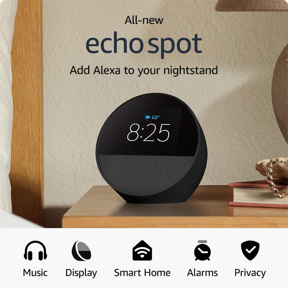 All-new Amazon Echo Spot (2024 release), Smart alarm clock with vibrant sound + Alexa, Black