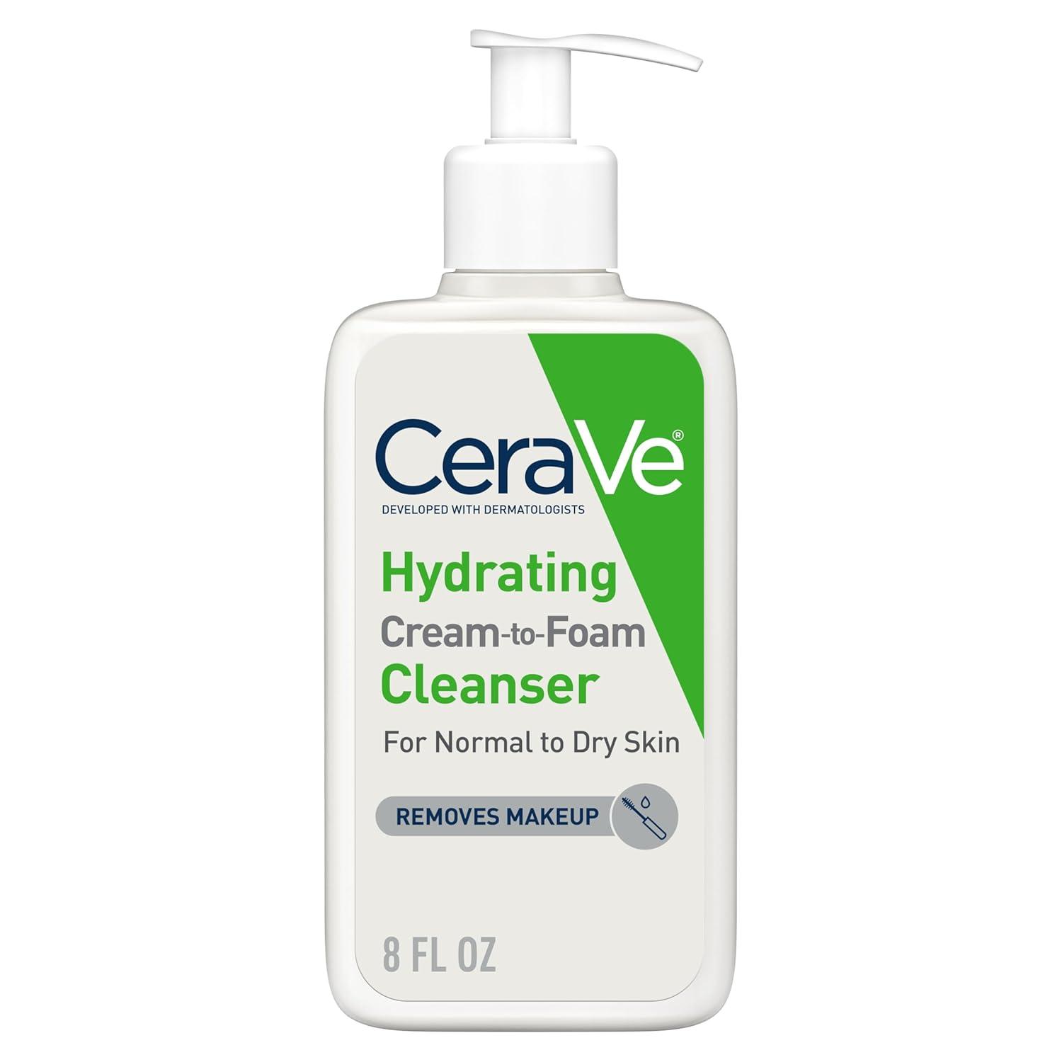 CeraVe Hydrating Cream To Foam Cleanser | Makeup Remover Face Wash For Dry Skin | Foaming Facial Cleanser With Hyaluronic Acid | Normal To Dry Skin | Fragrance Free & Non Comedogenic | 8 Fluid Ounces