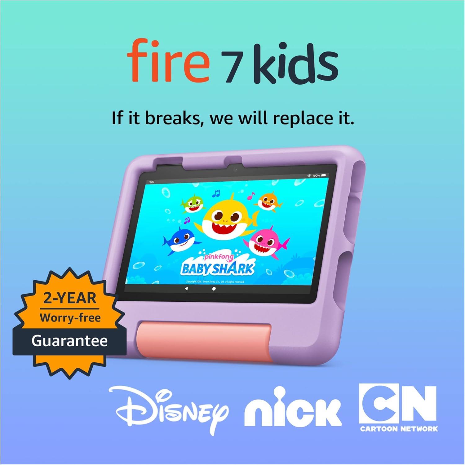 Amazon Fire 7 Kids tablet (newest model) ages 3-7. Top-selling 7" kids tablet on Amazon | ad-free content with parental controls included, 10-hr battery, 16 GB, Purple