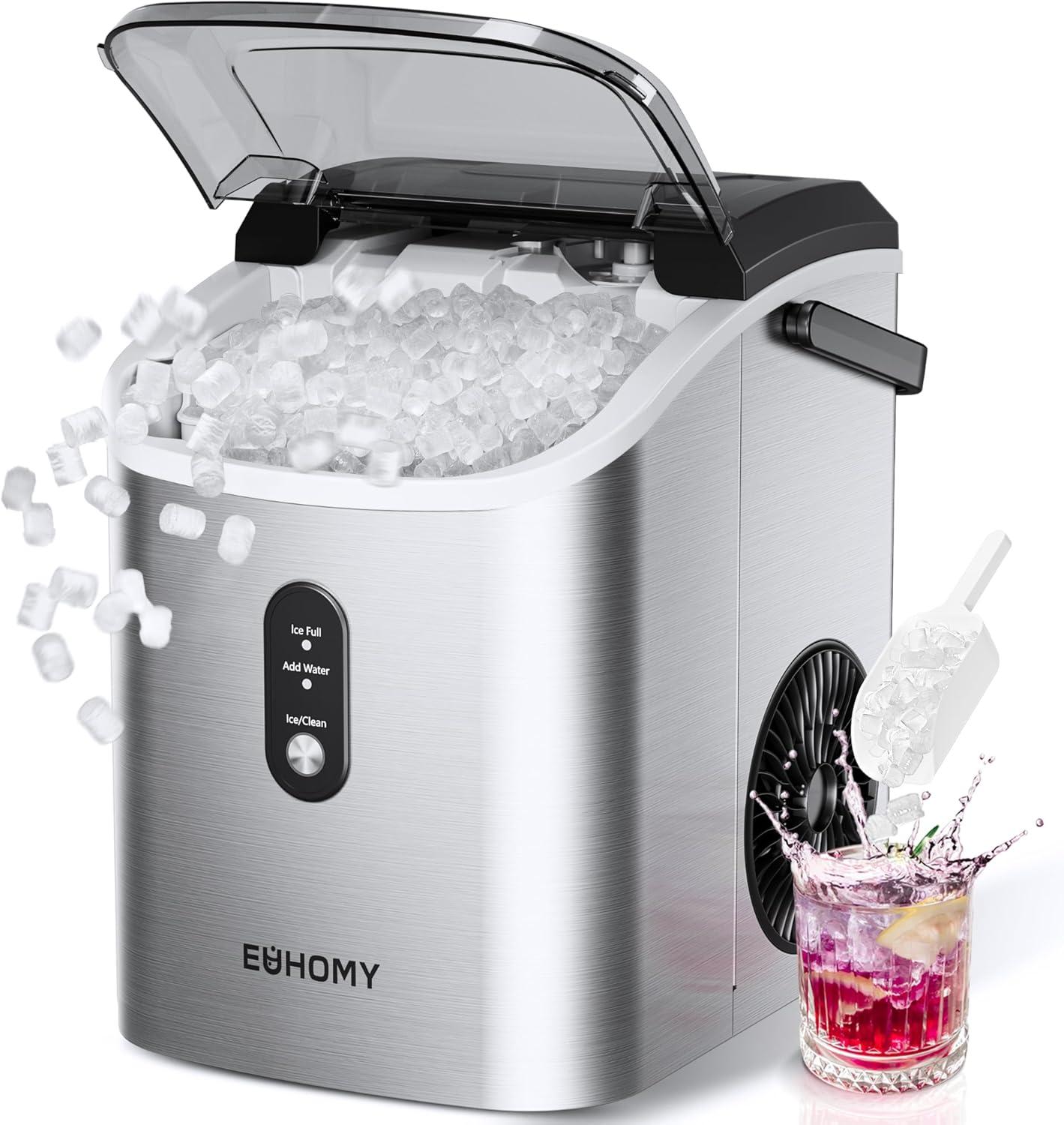 EUHOMY Nugget Ice Maker Countertop with Handle, Ready in 6 Mins, 34lbs Per Day, Removable Top Cover, Auto-Cleaning, Portable Sonic Ice Maker with Basket and Scoop, for Home/Party/RV/Camping (Silver)