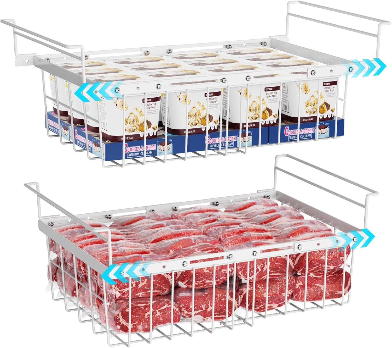 iSPECLE Chest Freezer Organizer - 2 Pack Hanging Freezer Organizer Bins with Expandable Handle for 10 to 20 Cu.Ft Freezer, Sort and Easy Slide to Get Bottom Frozen Food, Sturdy Freezer Baskets, White