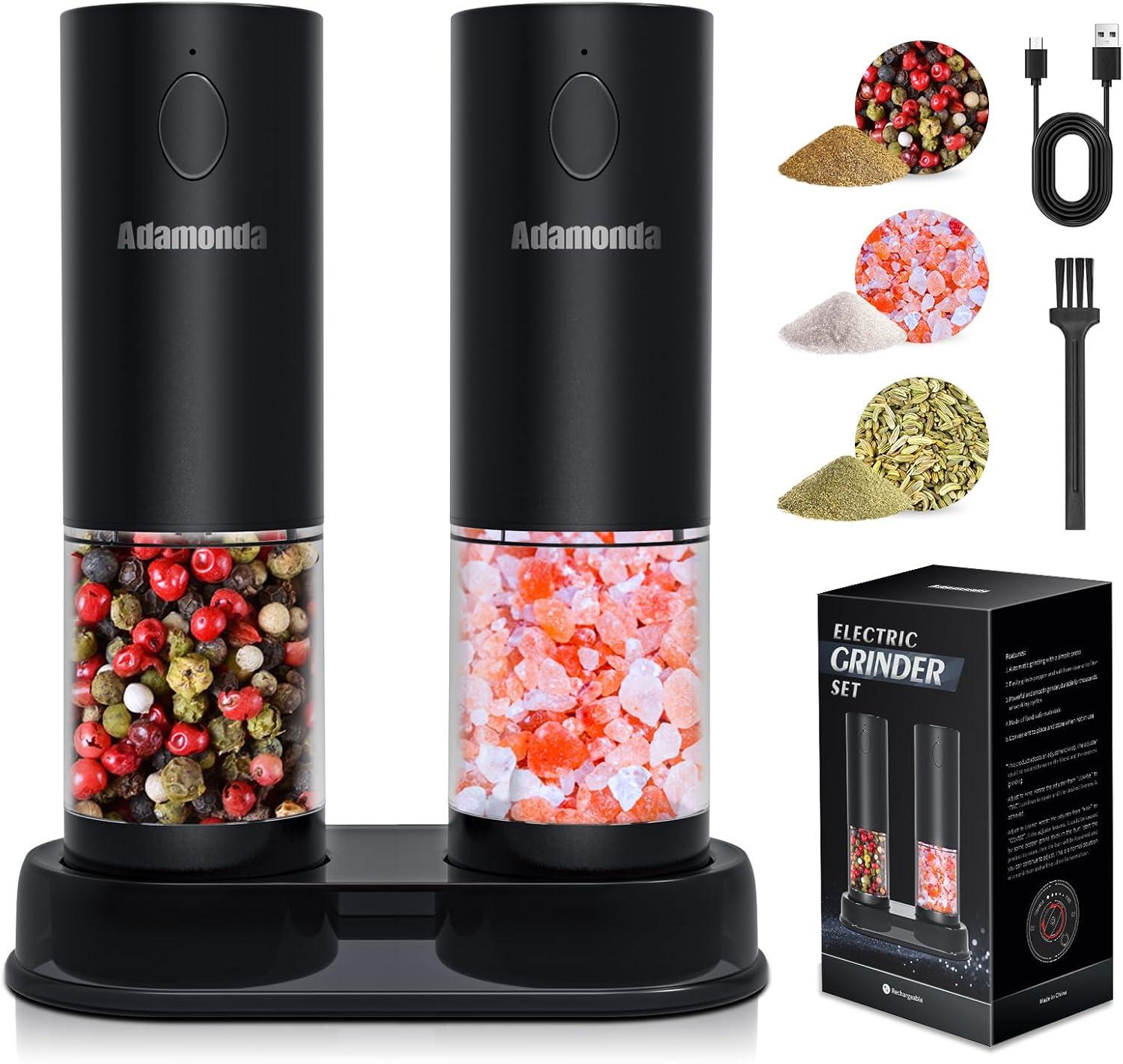 Rechargeable Electric Salt and Pepper Grinder Set with Adjustable Coarseness,One Hand Operation Automatic Salt and Pepper Mill Grinder Shakers with led Lights,2 Packs