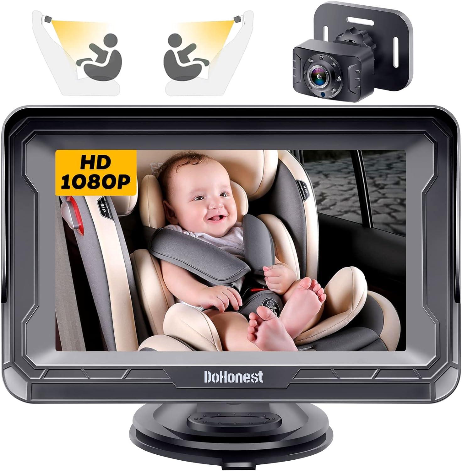 DoHonest Baby Car Camera for Backseat: HD 1080P Easy Setup Carseat Camera Rear Facing Infant - Crystal Night Vision 360° Rotating Car Baby Monitor for 2 Kids - V33