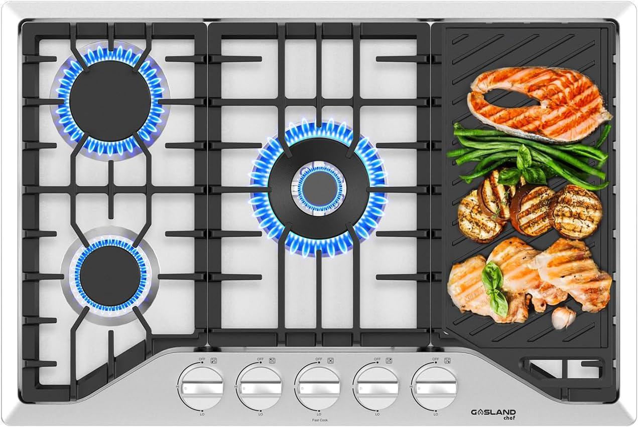 30 Inch Gas Cooktop, GASLAND PRO GH3305SF 5 Burner Gas Stovetop with Reversible Cast Iron Grill/Griddle, Gas Countertop Plug-in, NG/LPG Convertible Gas Cooktops, Stainless Steel