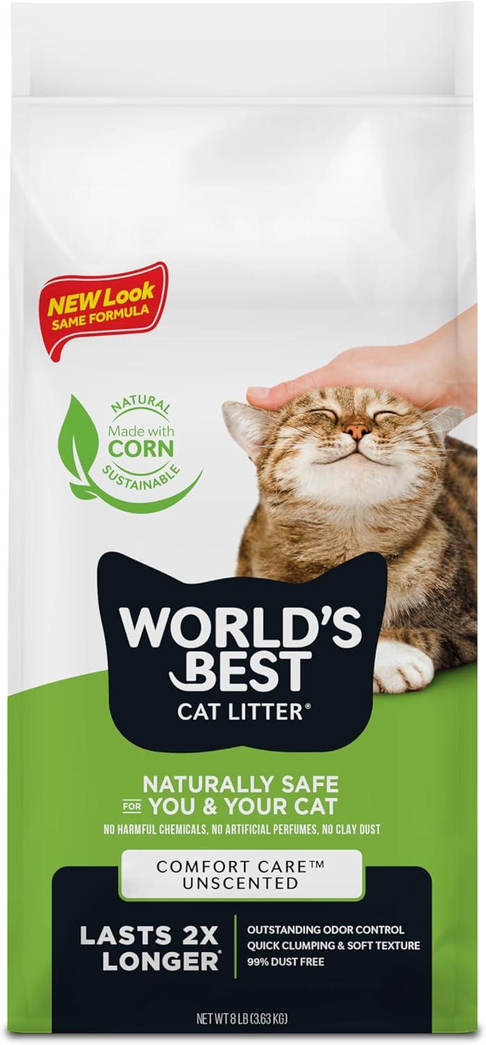 WORLD'S BEST CAT LITTER Comfort Care Unscented, 8-Pounds - Natural Ingredients, Quick Clumping, Flushable, 99% Dust Free & Made in USA - Long-Lasting Odor Control & Easy Scooping