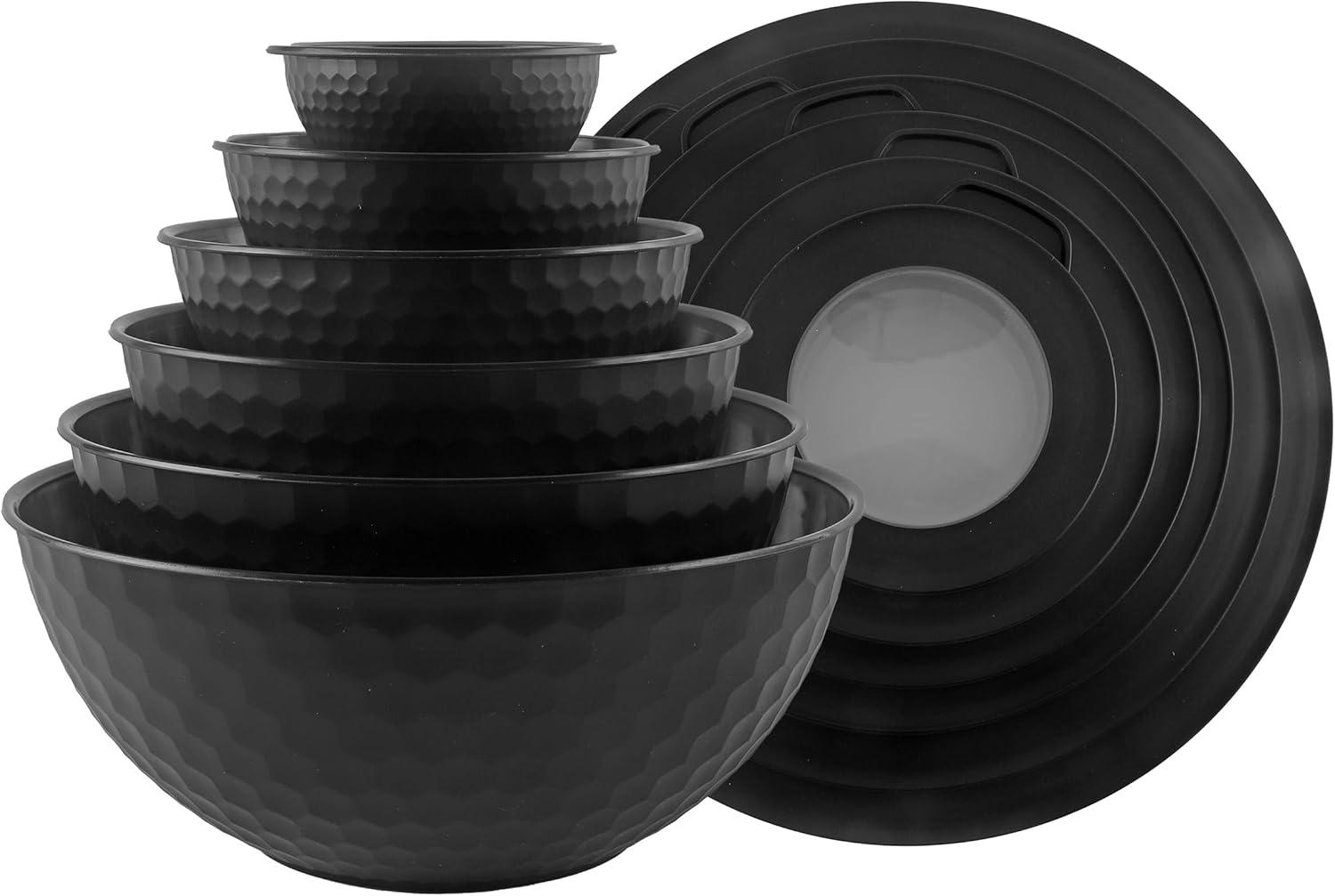 COOK WITH COLOR Mixing Bowls with Lids - 12 Piece Plastic Nesting Bowls Set includes 6 Prep Bowls and 6 Lids, Non Slip Bottom and Embossed Design - Microwave Safe (Black)