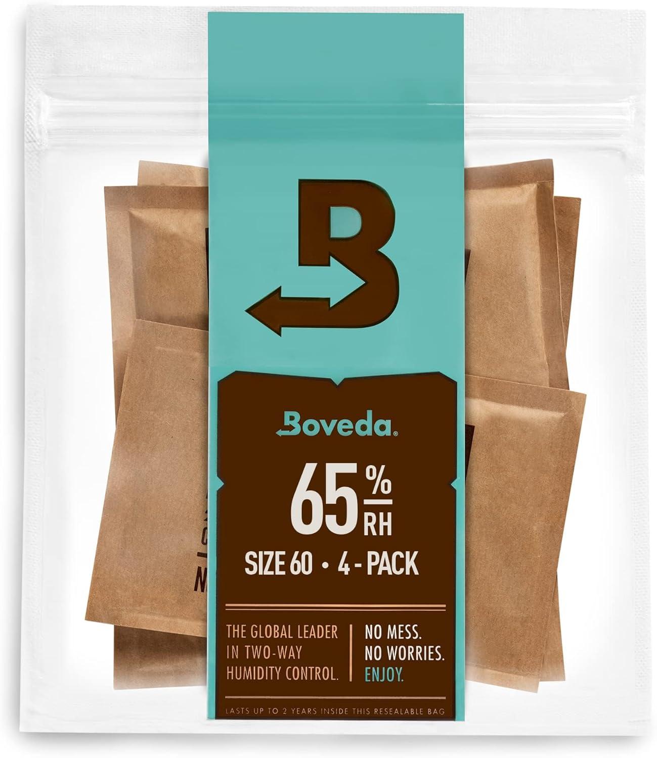 Boveda 65% Two-Way Humidity Control Packs For Aging & Long-Term Storage in Plastic & Wood Boxes – Size 60 – 4 Pack – Moisture Absorbers – Humidifier Packs – Hydration Packets in Resealable Bag