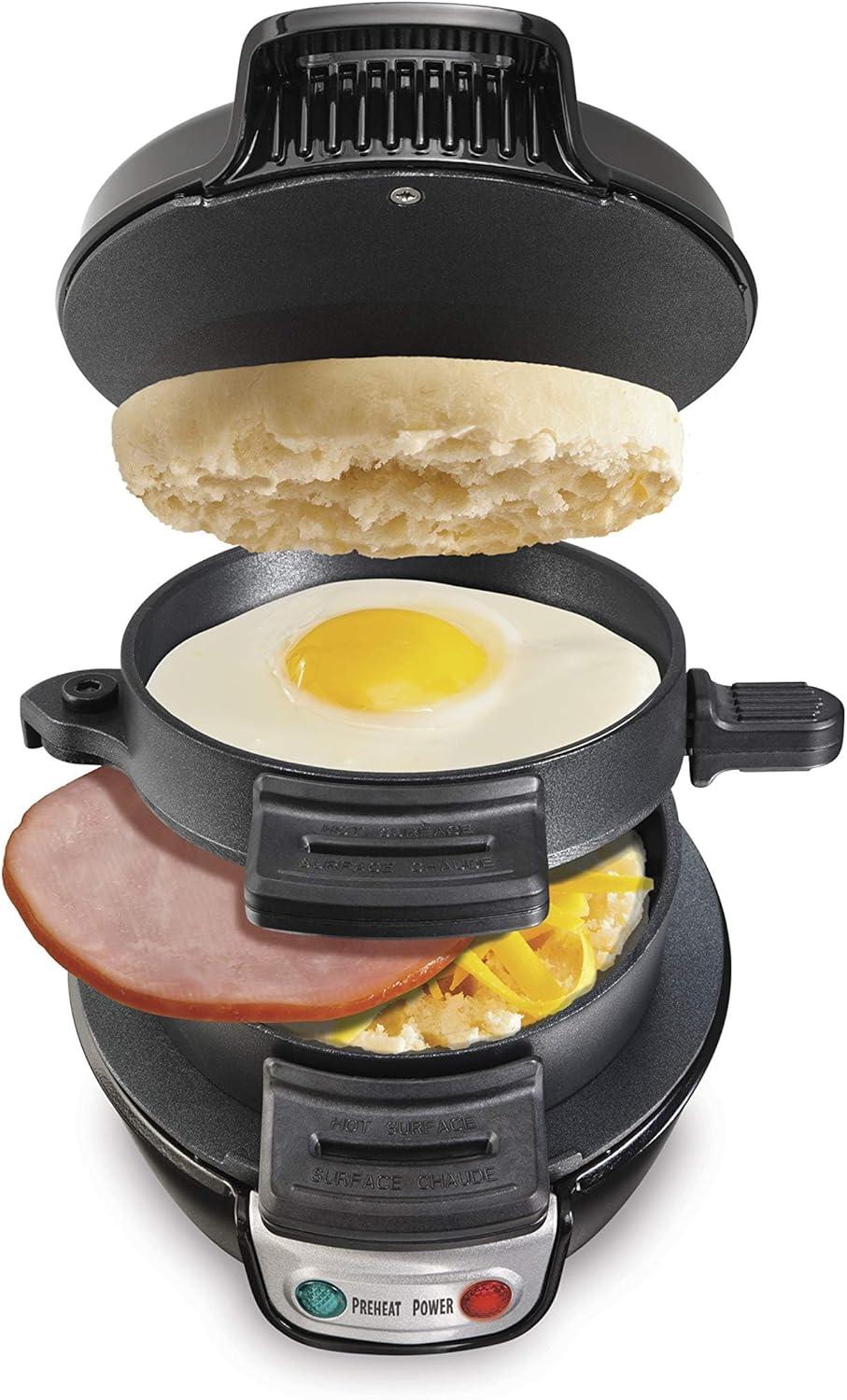 Hamilton Beach Breakfast Sandwich Maker with Egg Cooker Ring, Customize Ingredients, English Muffins, Croissants, Mini Waffles, Perfect White Elephant Gifts, Single, Black