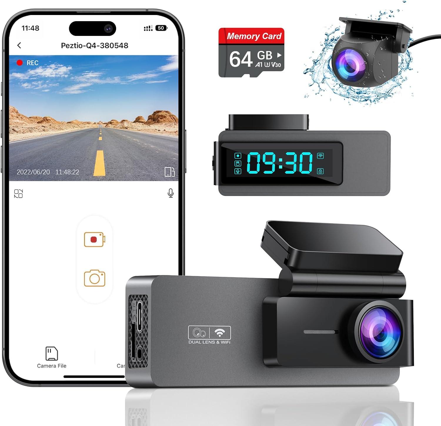 Dash Cam Front and Rear 4K+1080P, Free 64GB Card, Built-in WiFi, Dash Camera for Cars, Car Camera, Dual Dashcams for Cars with Night Vision, 24 Hours Parking Monitor, Loop Recording