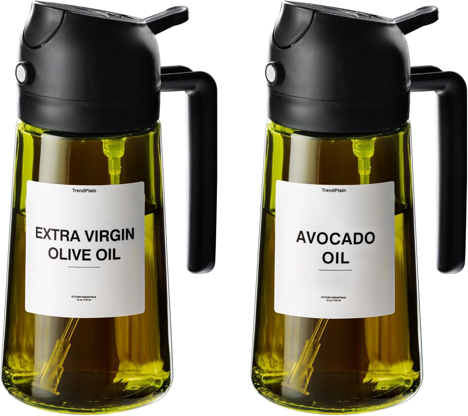 TrendPlain - 16oz Olive Oil Dispenser for Kitchen - 2 in 1 Olive Oil Dispenser and Oil Sprayer - Olive Oil Dispenser Bottle w/Stickers - Olive Oil Sprayer for Cooking 2Pcs Black (Light Blockage)