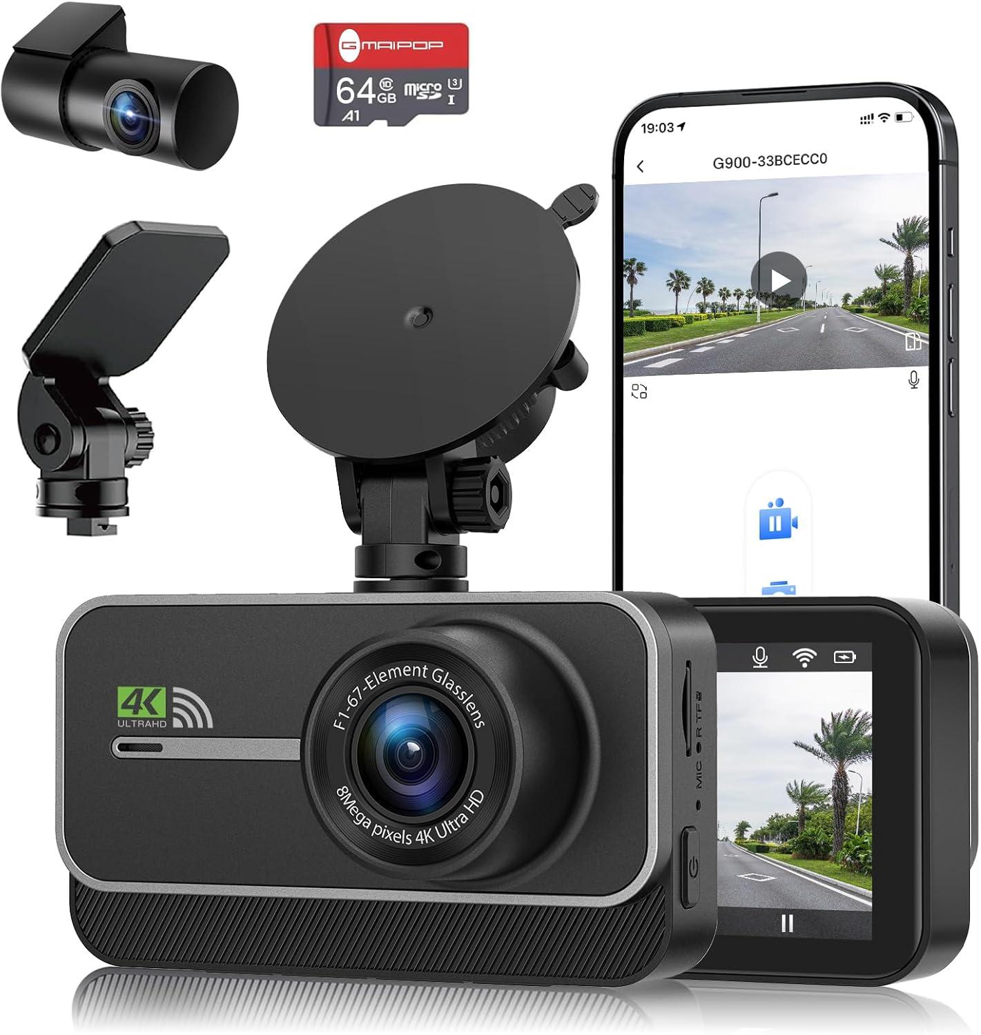 Dash Cam Front and Rear,4K+1080P WiFi Dual Dash Camera for Cars with App, 3" IPS Dashboard Camera Recorder,Night Vision,24H/7 Parking Mode, Loop Recording,170° Wide Angle,Free 64GB SD Card