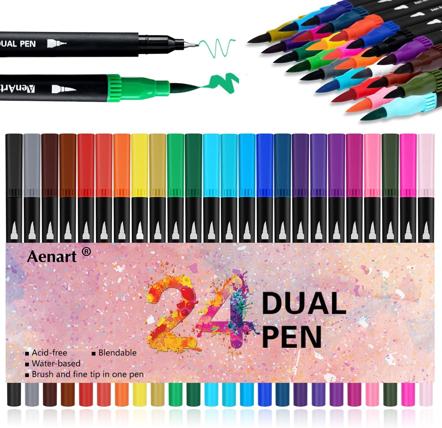 Dual Brush Markers for Adult Coloring Books, 24 Colored Fine Point Marker Pen for Back to School Supplies Bullet Journaling Note Taking Drawing