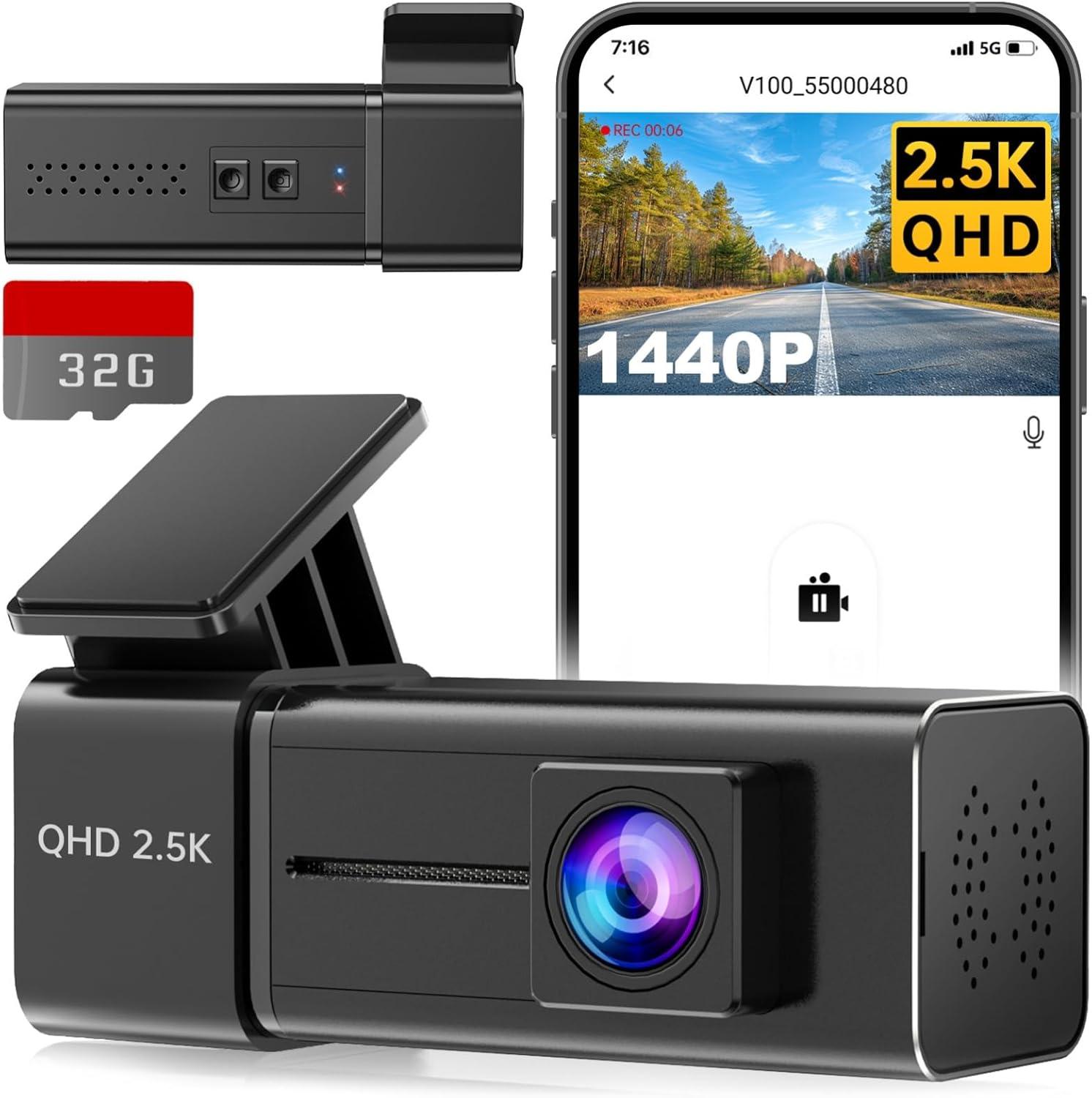 Dash Cam WiFi 2.5K Dashcam, E-YEEGER Front Dash Camera for Cars, Mini Dashcams with App, Night Vision, G-Sensor, Loop Recording, 24H Parking Mode, with 32G SD Card, Support 256GB Max