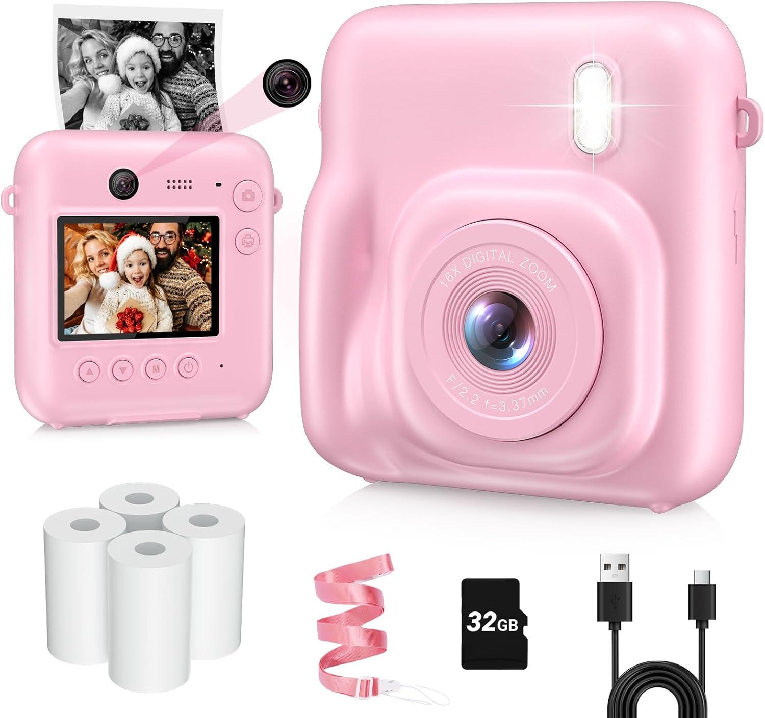 Kids Camera Instant Print, Dual-Lens 48MP Digital Camera for Christmas Birthday Gifts, 1080P Selfie Instant Cameras for Kids with 32GB Card, Instant Print Digital Camera for Girls Boys-Pink