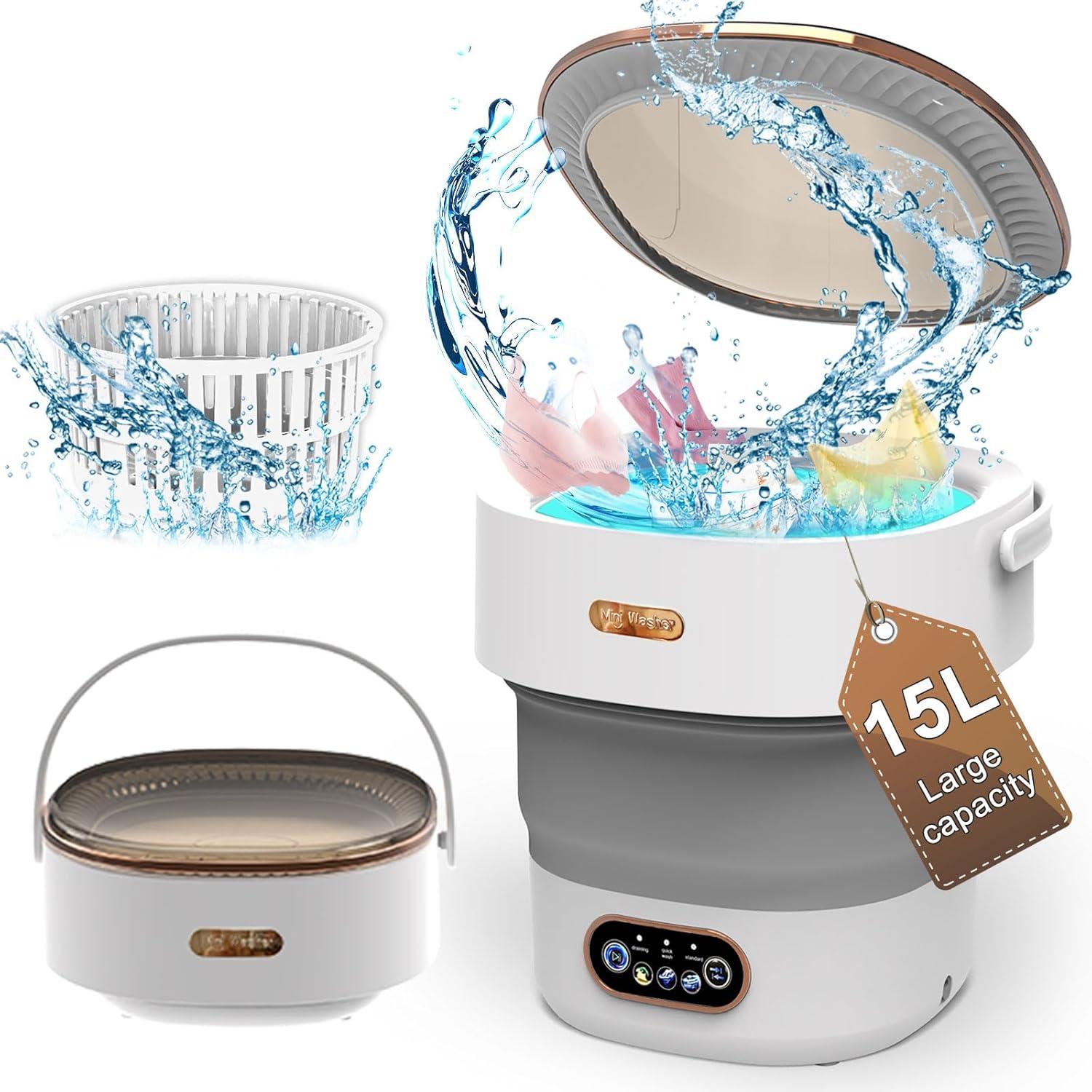 Portable Washing Machine, 15L Mini Foldable Small Washer with Spin Dry 3 Modes Underwear Lavadora Deep Clean for Baby Clothes Socks, Apartment, RV, Camping, Travel Laundry