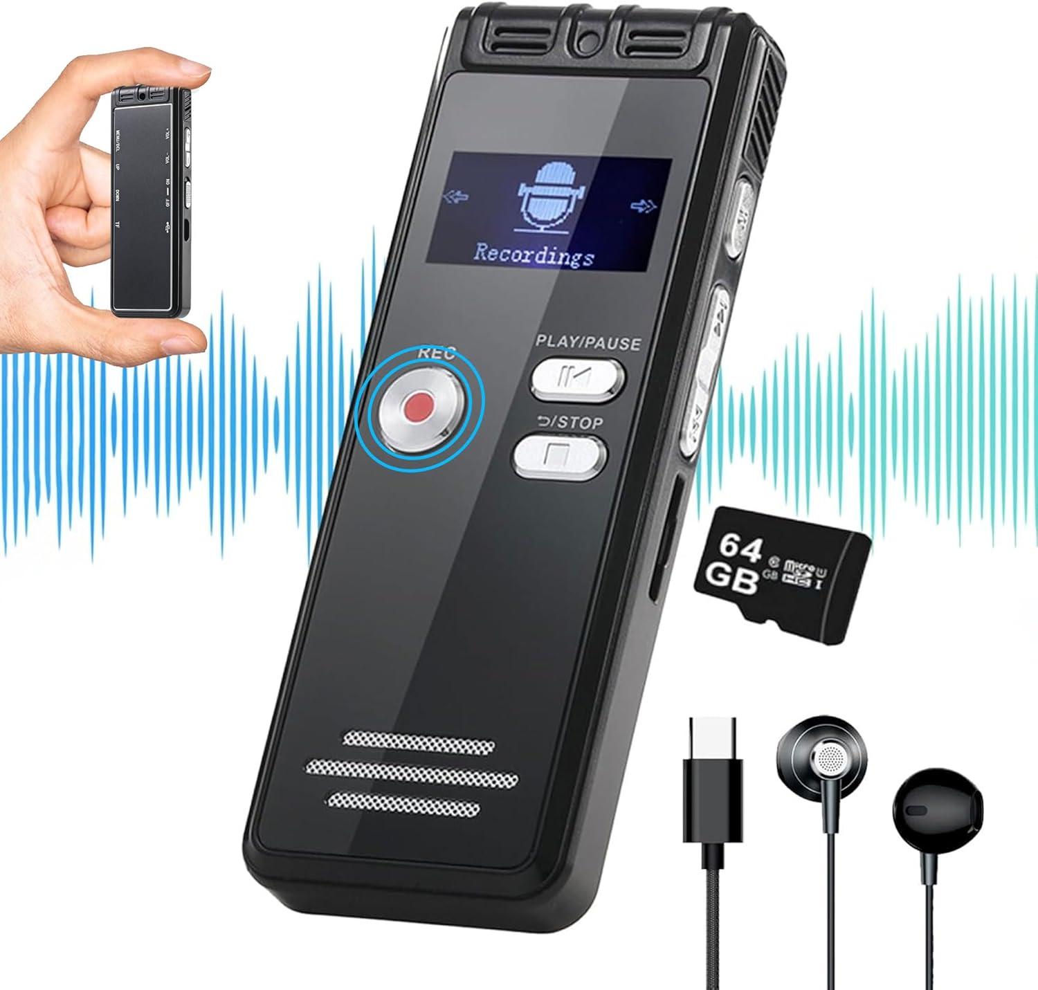 64GB Digital Voice Activated Recorder with Playback - 4552 Hours Audio Recording Device, 3072Kpbs HD Dual MIC Tape Recorder Device for Lecture A-B Repeat, MP3 Player, Password,【64GB TF Card Included】