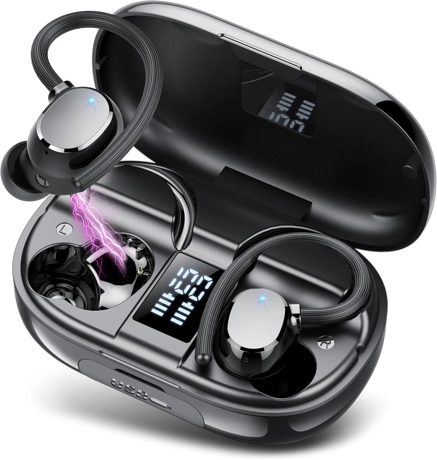 Ear buds Wireless Bluetooth Earbuds Sport 2024 NEW Bluetooth 5.3 Headphones with LED Display 128H Playtime Powerful Bass Over Ear Earphones with Earhooks IP7 Waterproof for Gym/Running/Workout