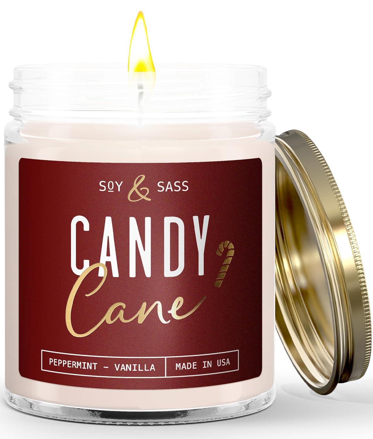 Peppermint Candle - 'Candy Cane' Christmas Candle w/Menthol, Peppermint & Vanilla - Infused with Essential Oils I Christmas Candles Scented I 9oz, 50Hr, Made in USA