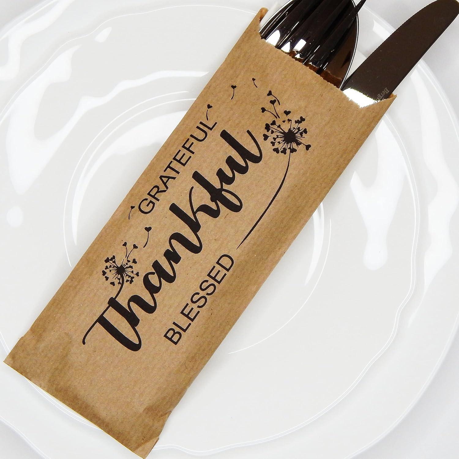 Thankful Grateful and Blessed Silverware Bags - Utensil Holders For Thanksgiving Table Decoration - Rustic Kitchen Decor - Autumn Harvest Decorations - Pocket Sleeves - Flat 2.8" x 7.5" - Pack of 50