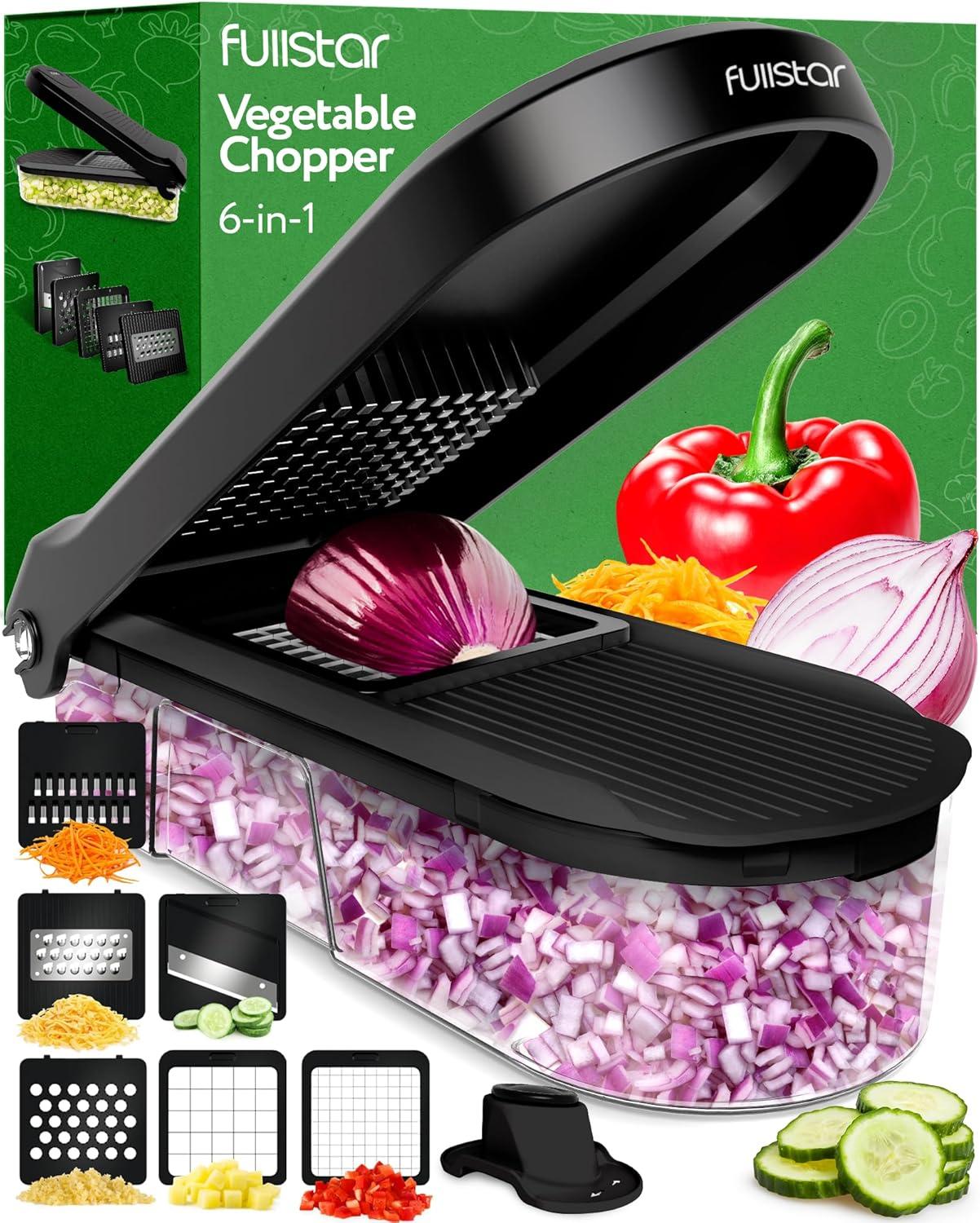 Fullstar Vegetable Chopper, Cheese Slicer, Food Chopper, Veggie Chopper, Onion Chopper, Vegetable Chopper with Container, Mandoline Slicer & Cheese Grater (6 in 1 - Black)