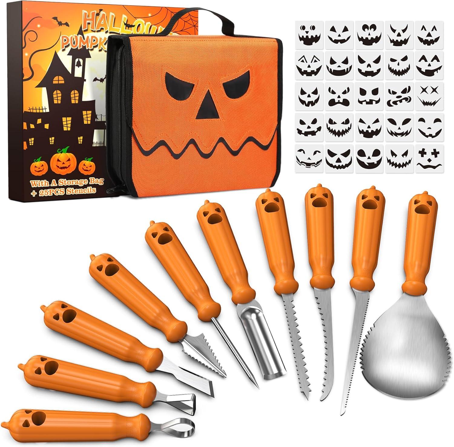 imarku Halloween Pumpkin Carving Kit, 10 PCS Professional Carving Knife with Unique Storage Bag and 25 PCS Pumpkin Carving Stencils, Stainless Carving Tools for Halloween Decorations, Home Essentials